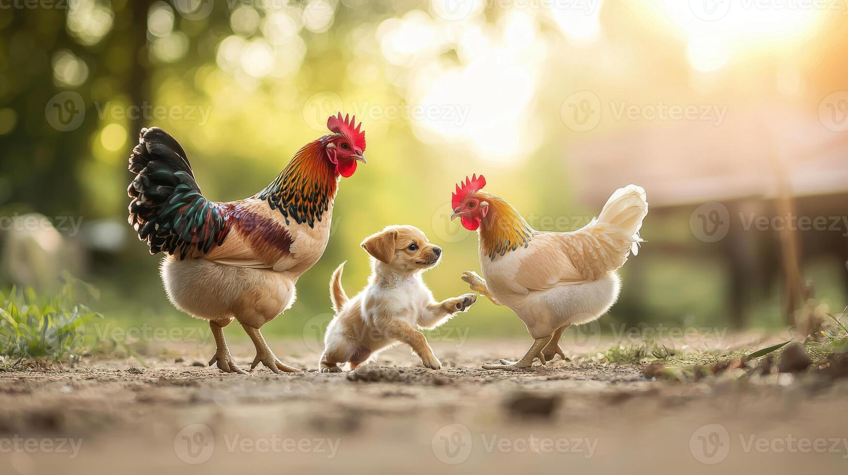 A puppy and two chickens standing on a dirt road photo