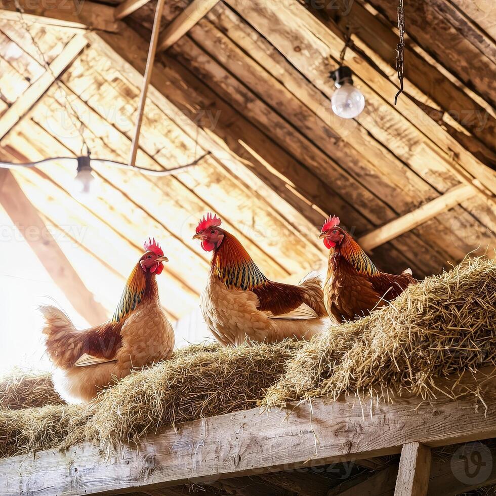 Three chickens are sitting on hay in a barn photo