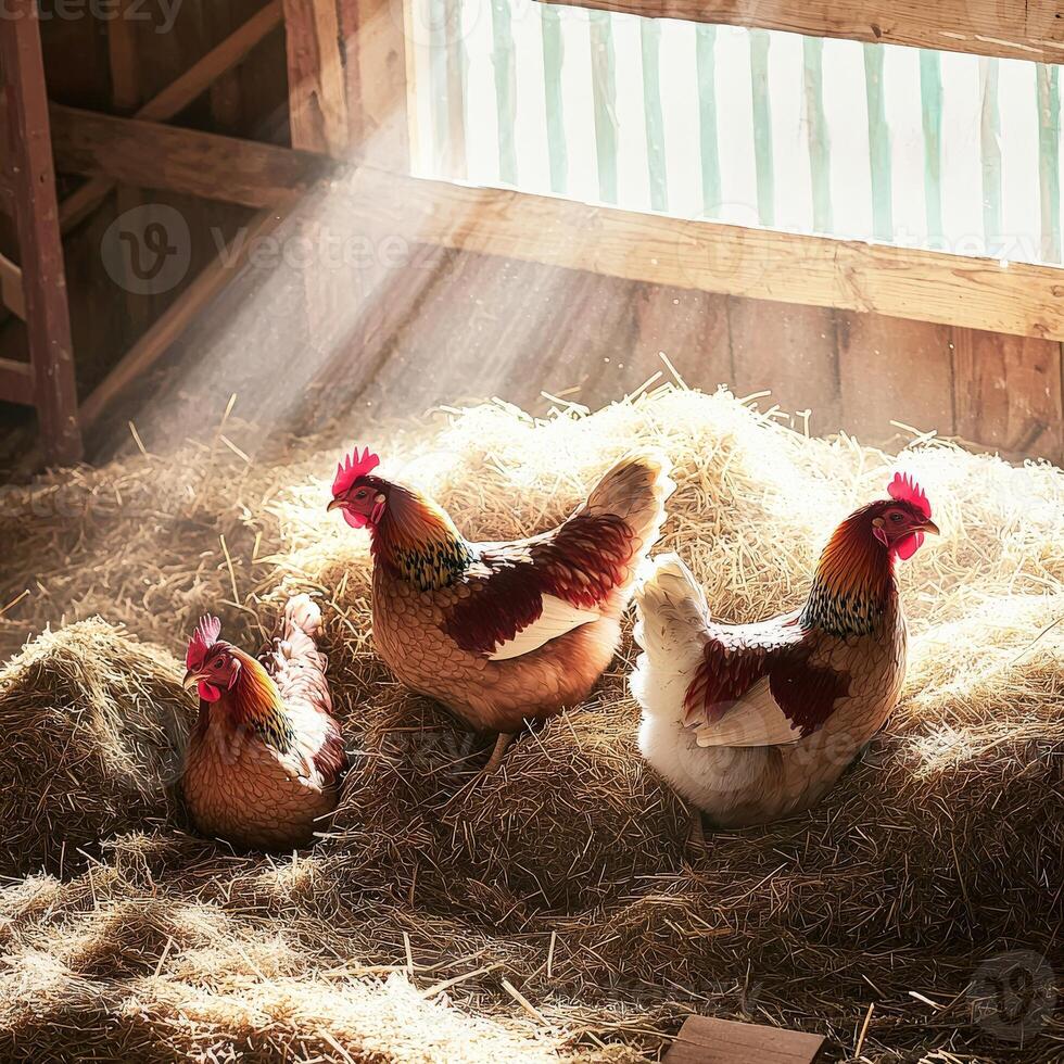 Three chickens in a barn photo