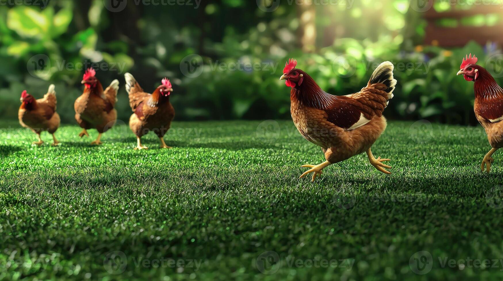 A group of chickens walking on grass in the sun photo