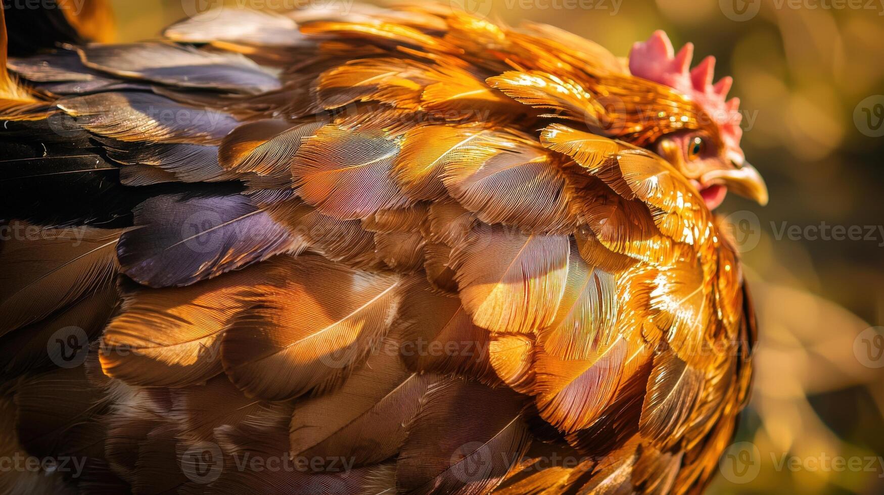 A close up of a chicken with feathers on its back photo