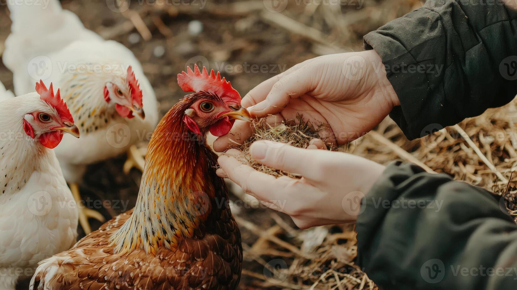 A person feeding a chicken with hay photo