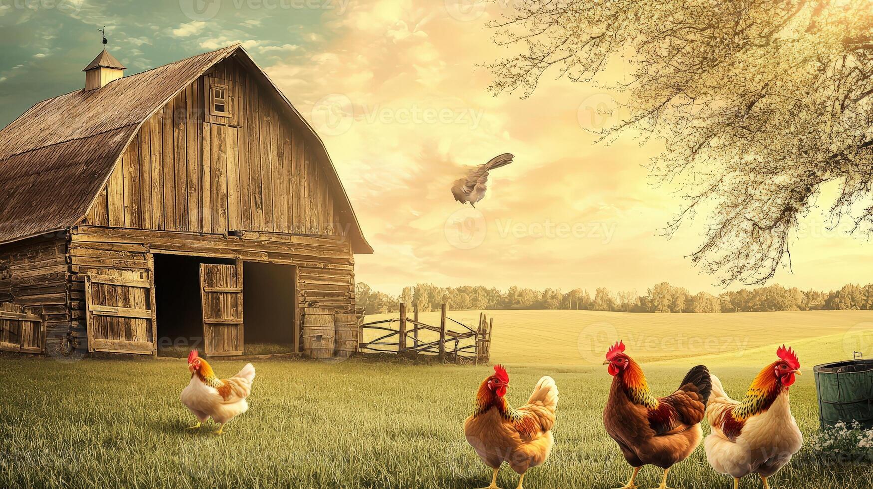 A barn with chickens and a bird flying over it photo