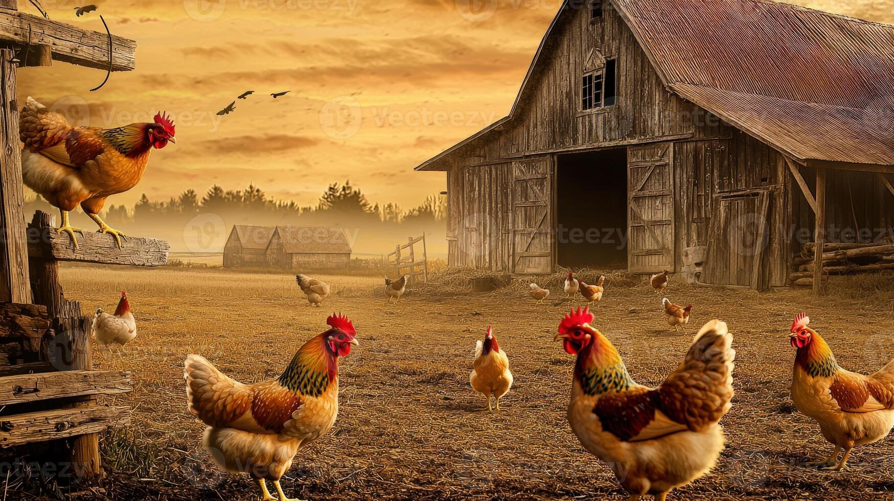 A group of chickens walking around a barn photo