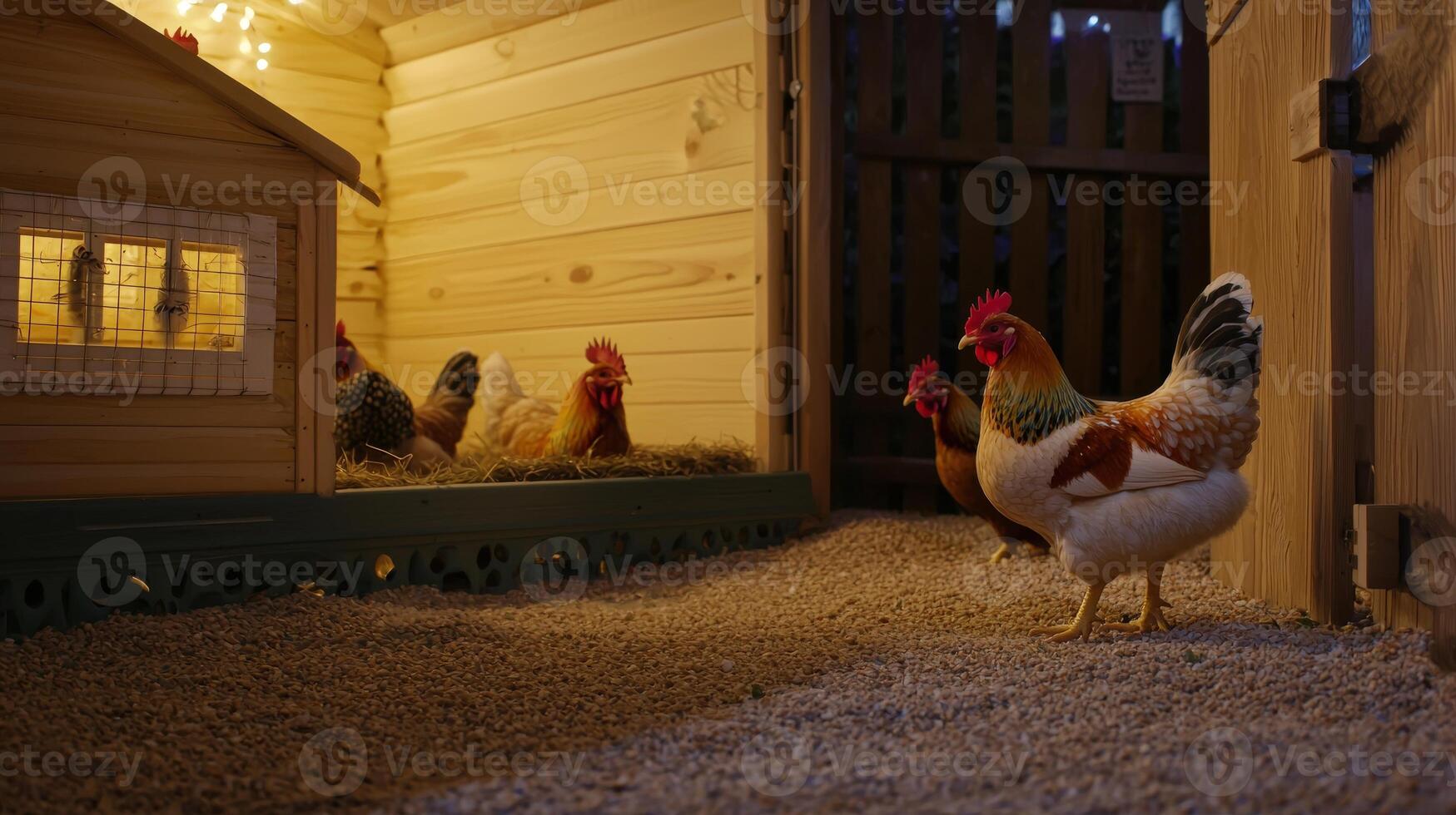 Chickens in a chicken coop at night photo
