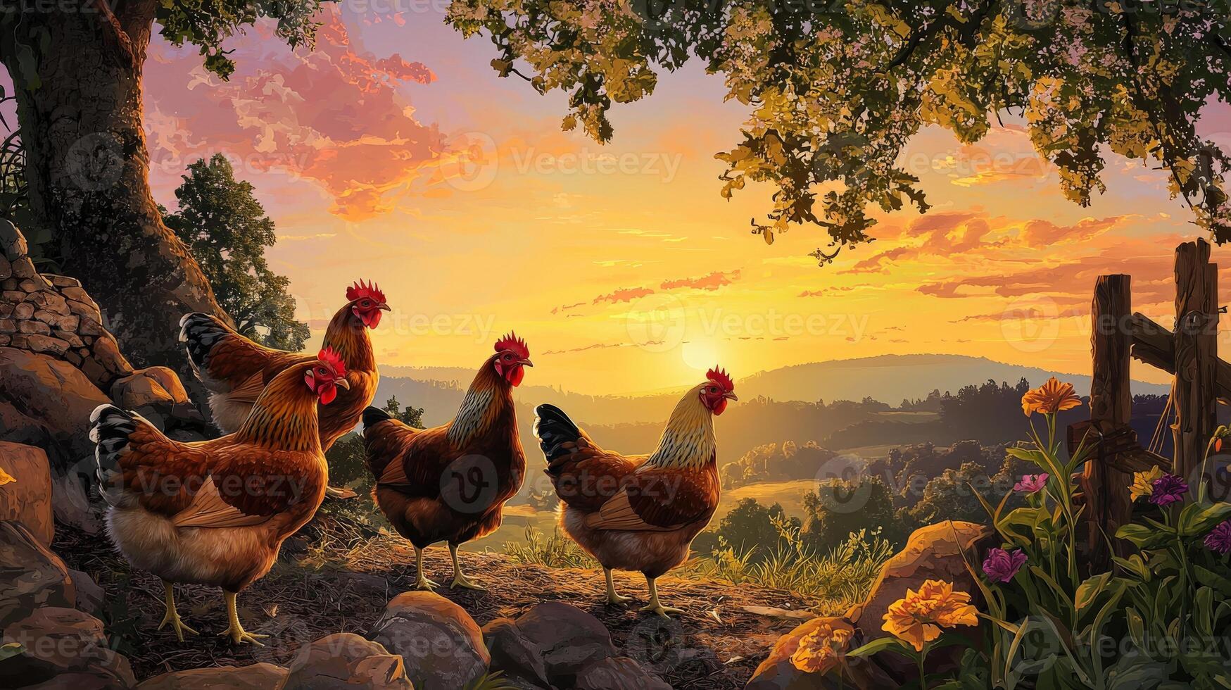 Chickens on a farm at sunset photo