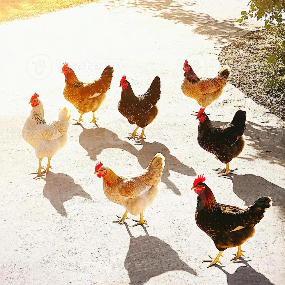 A group of chickens walking on a sidewalk photo