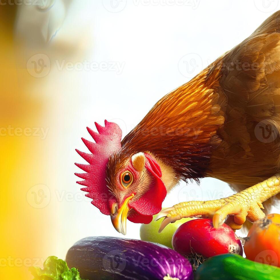 A chicken is standing on a pile of vegetables photo