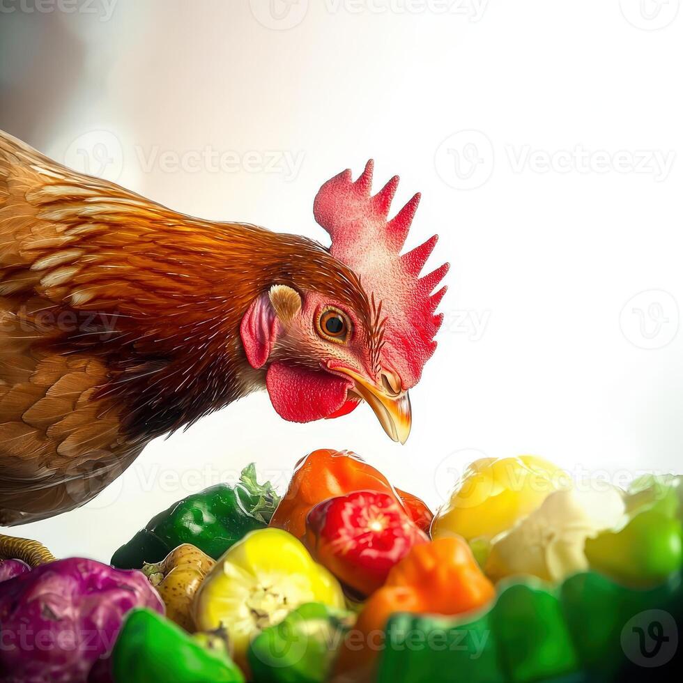 A chicken is eating some vegetables photo