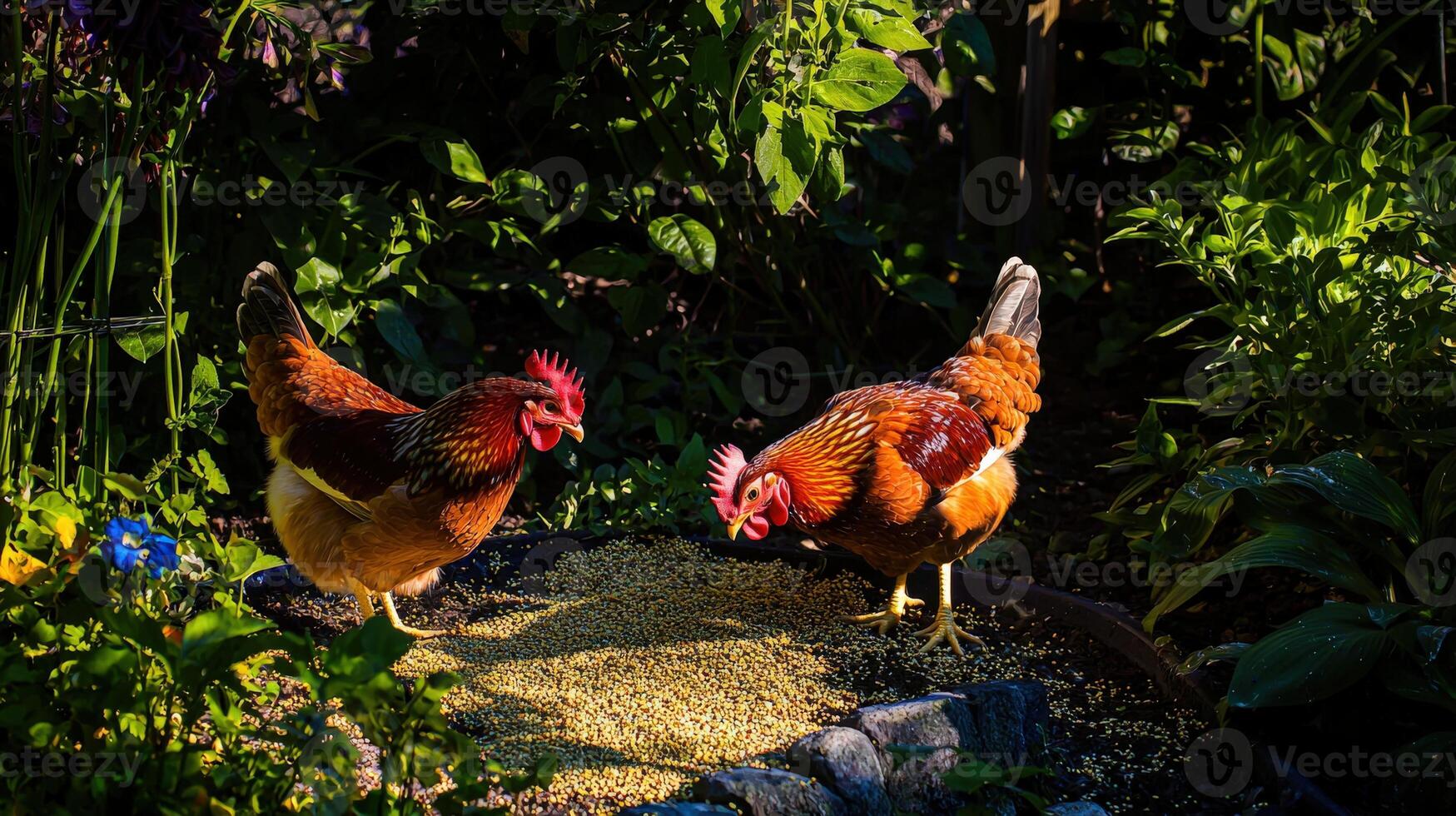 Two chickens are standing on a rock in a garden photo