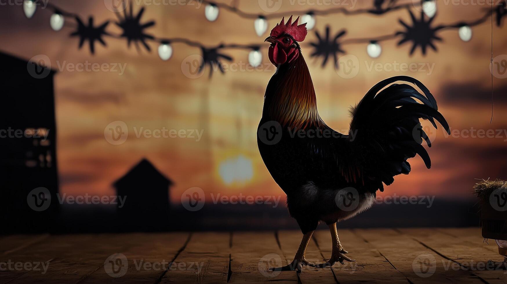 Rooster in a barn at sunset photo