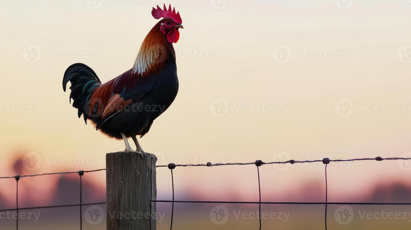 A rooster is standing on a fence post photo