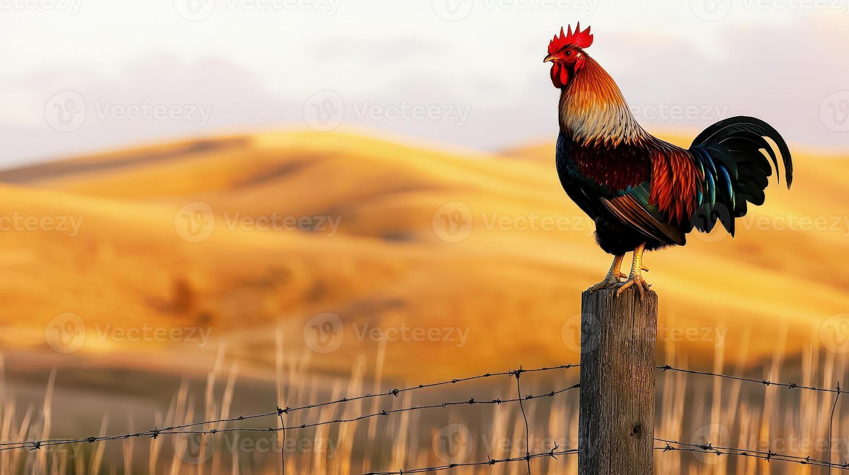 A rooster standing on a fence post in a field photo