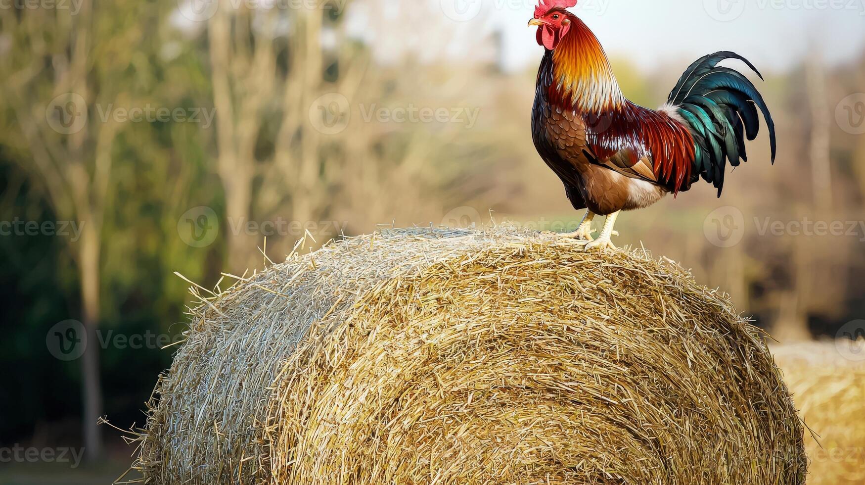 A rooster standing on top of a bale of hay photo