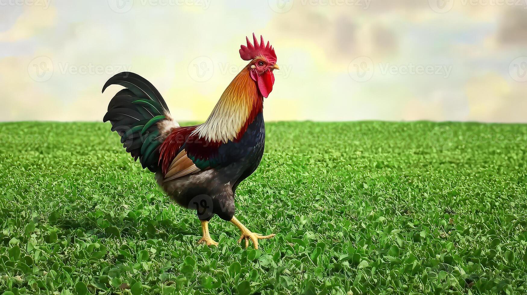 Rooster walking on grass in field photo