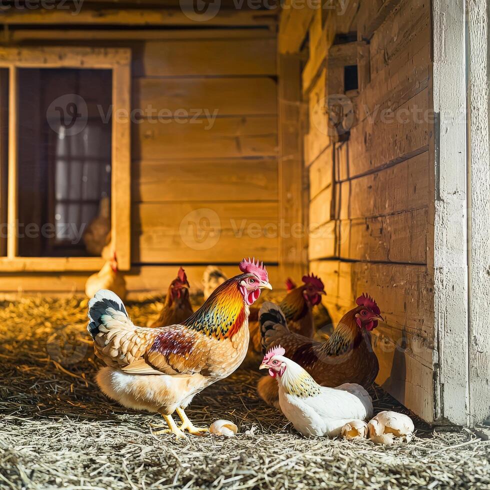 A group of chickens in a barn photo