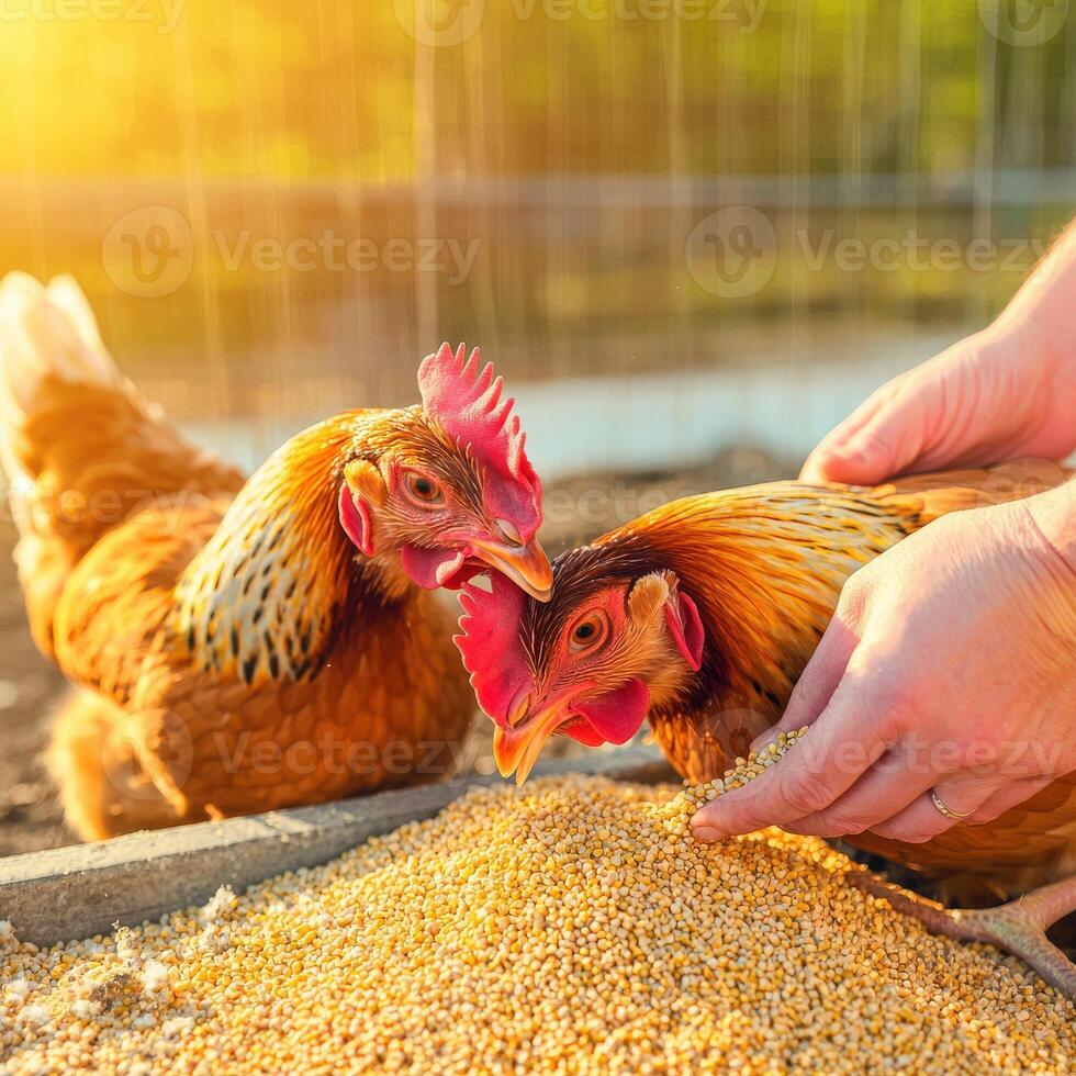 Two chickens are feeding grain to each other photo