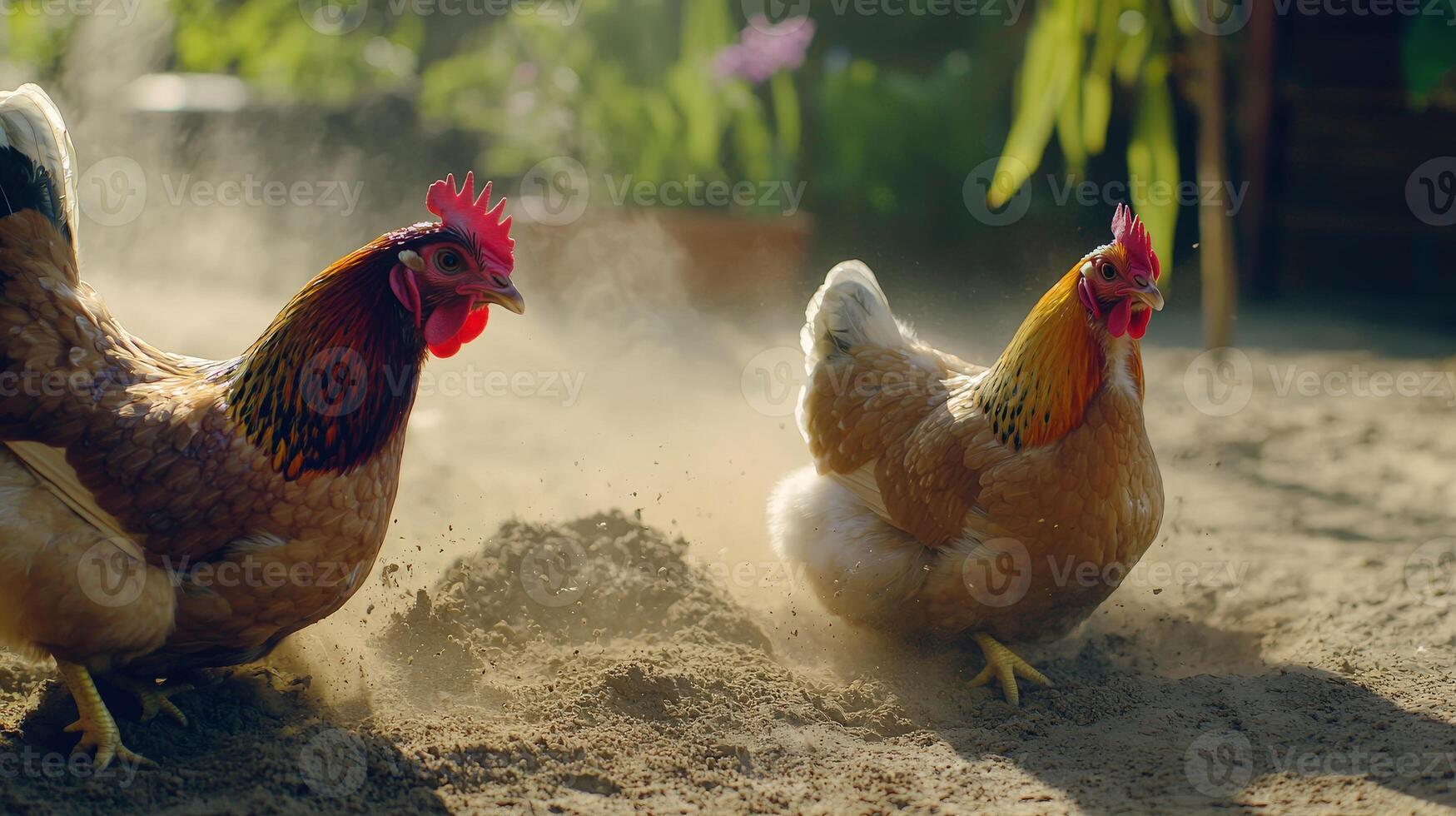 Two chickens running around in the dirt photo