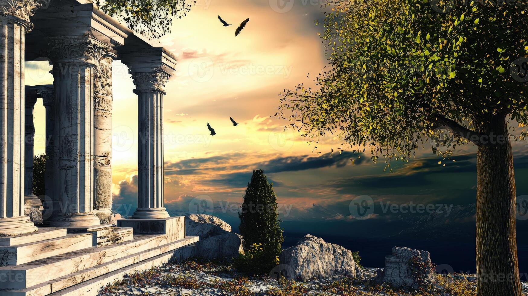 Ancient greek temple with columns and trees photo