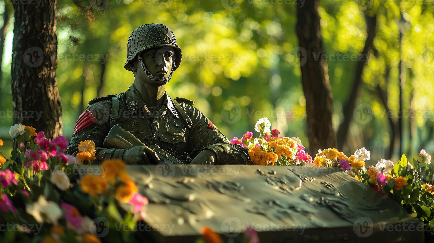 A statue of a soldier sitting in a flower bed photo