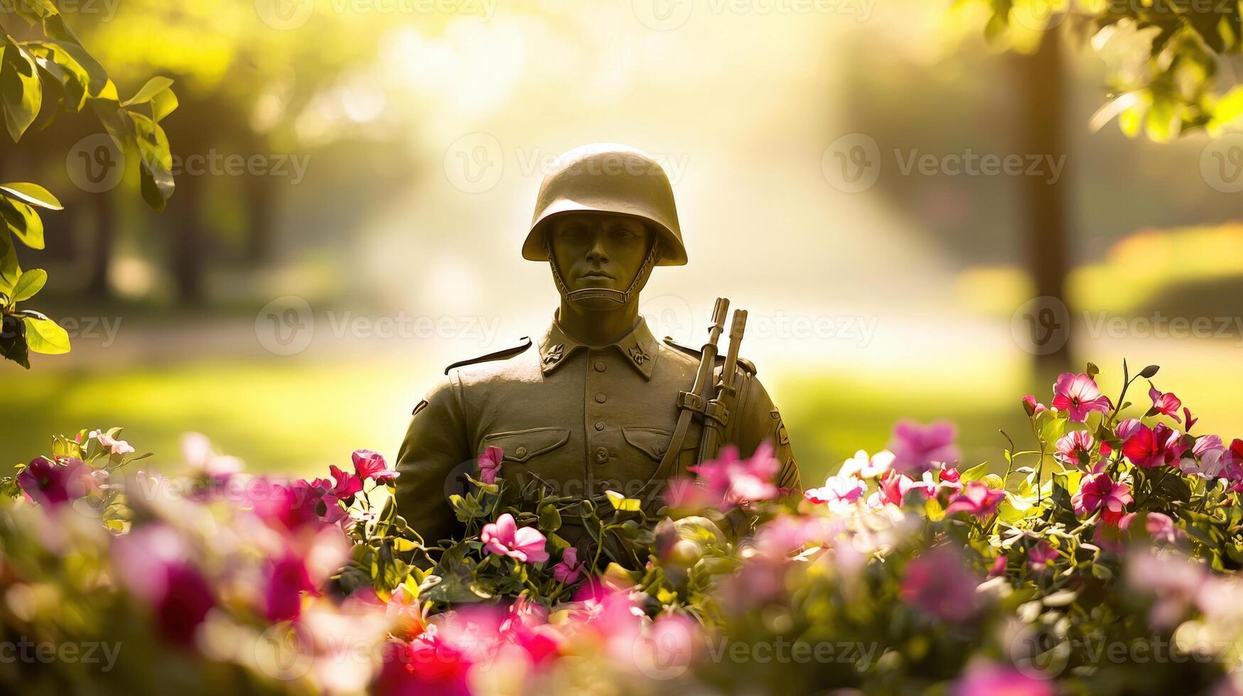 A statue of a soldier is surrounded by flowers photo