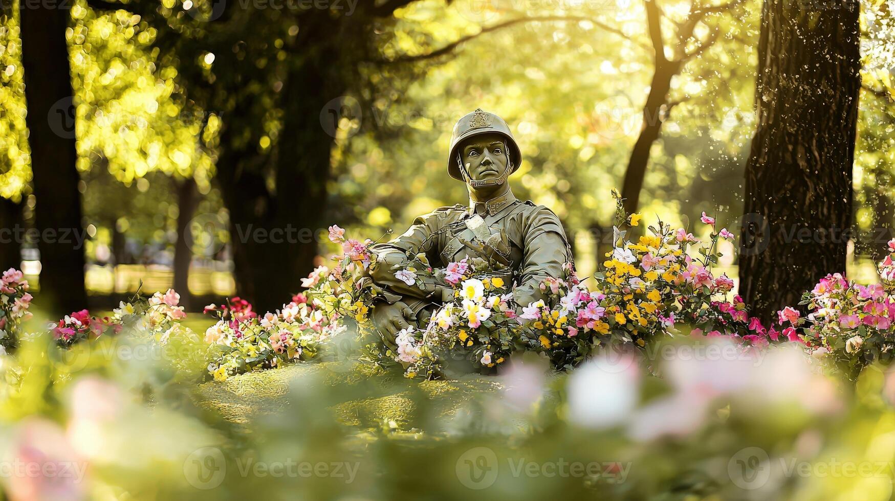 A statue of a man sitting in a field of flowers photo