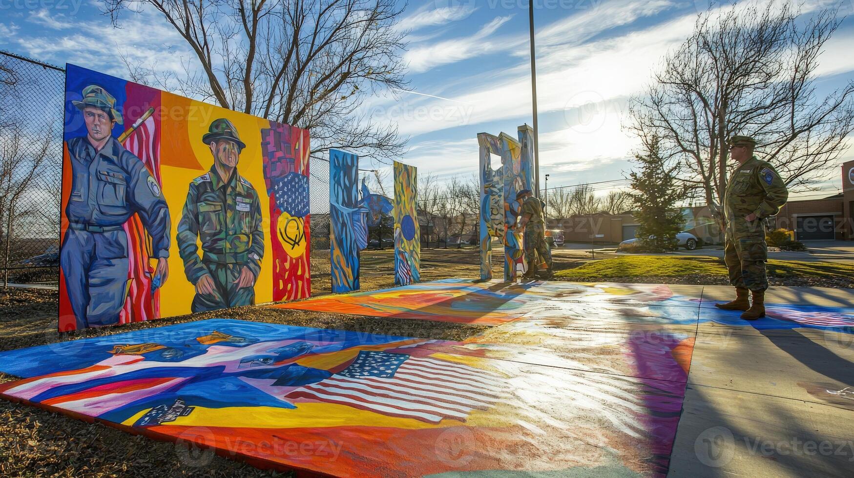 A mural of soldiers is painted on the ground photo