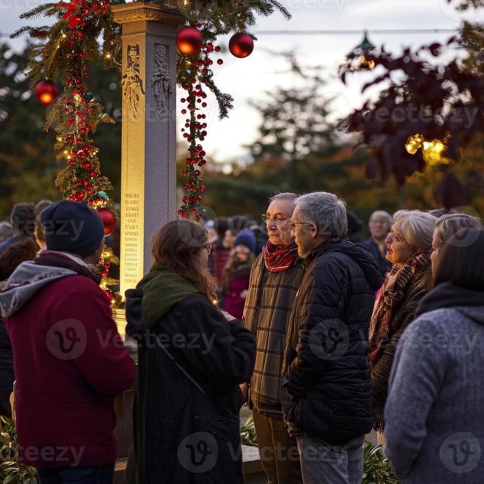 A group of people standing around a monument photo