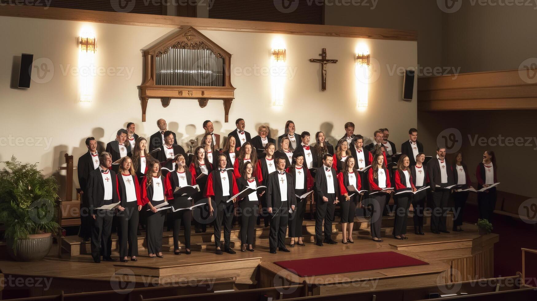 A choir in a church with a choir leader and choir members photo