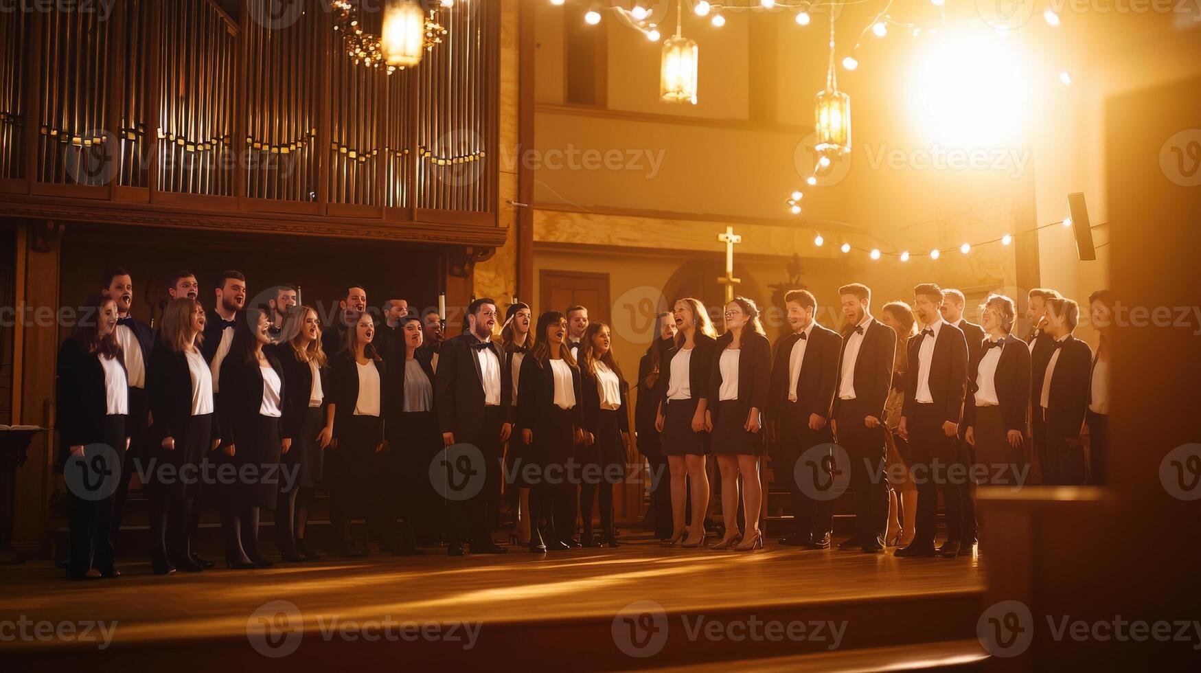 Choir singing in church with light shining on them photo