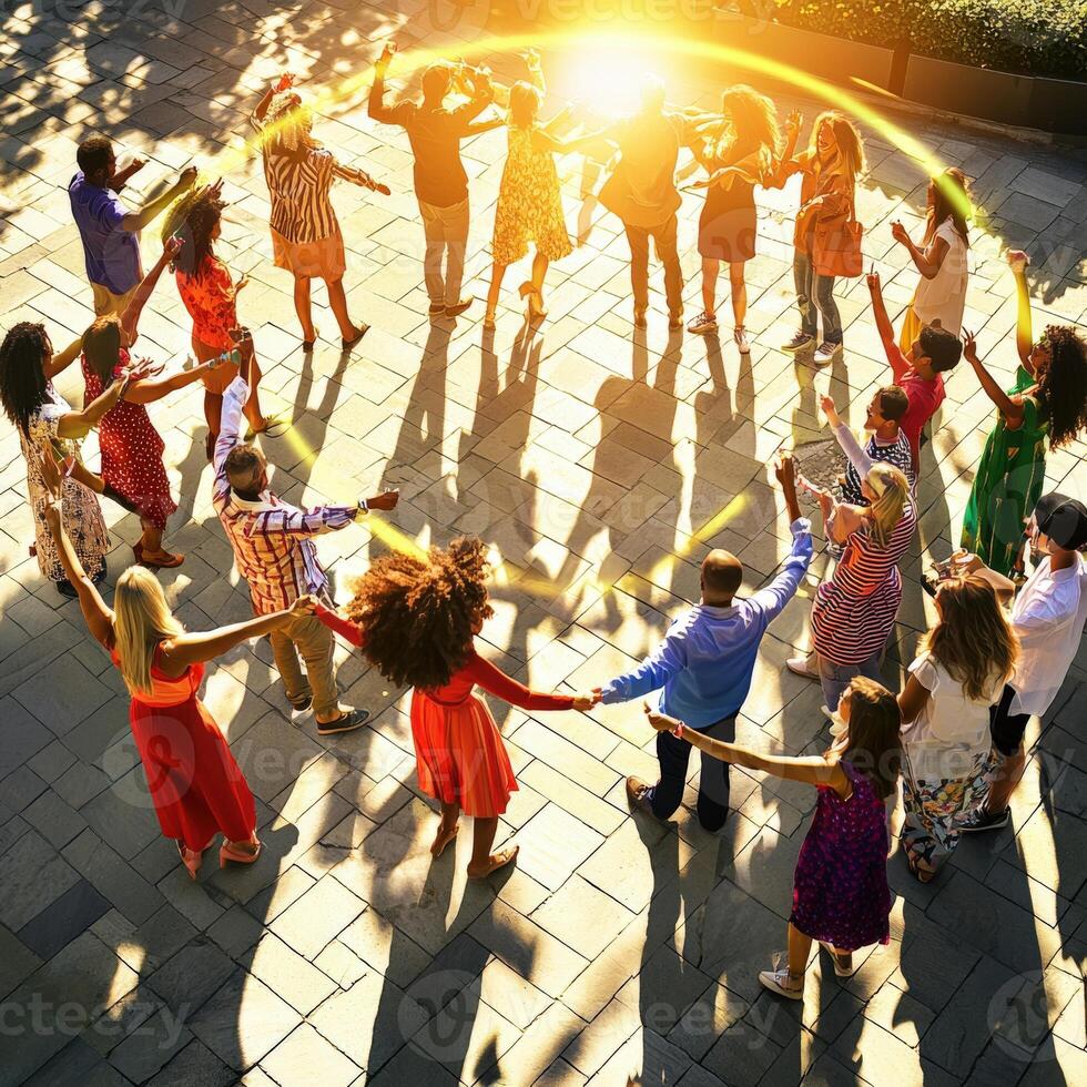 Group of people dancing in circle with sun shining through photo