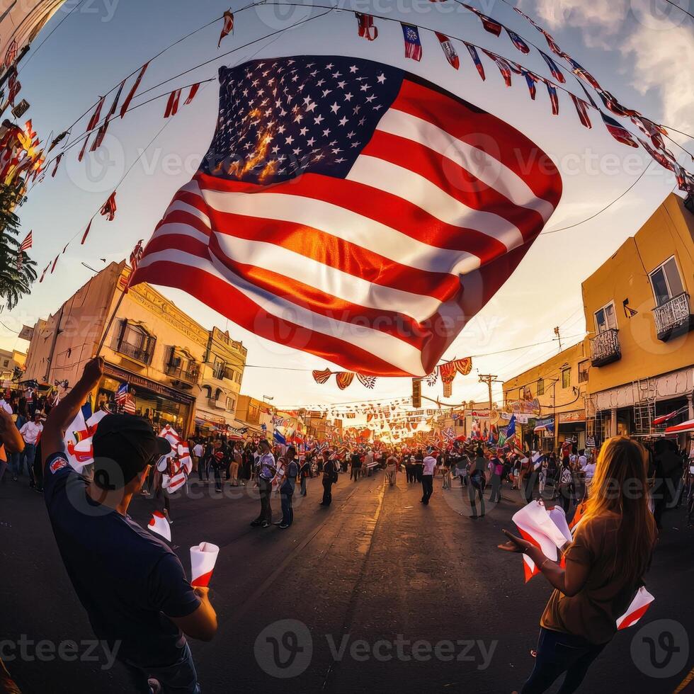 A man holding an american flag in a street photo