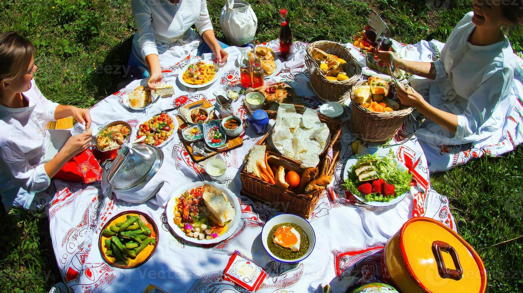 A group of people sitting around a picnic table with food photo