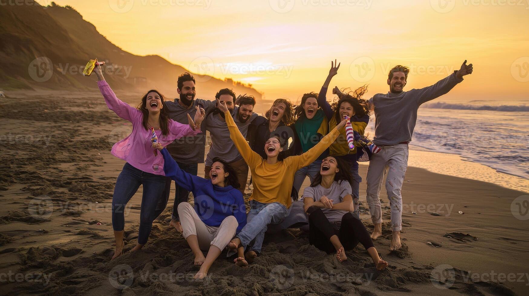 Group of friends having fun on the beach at sunset photo