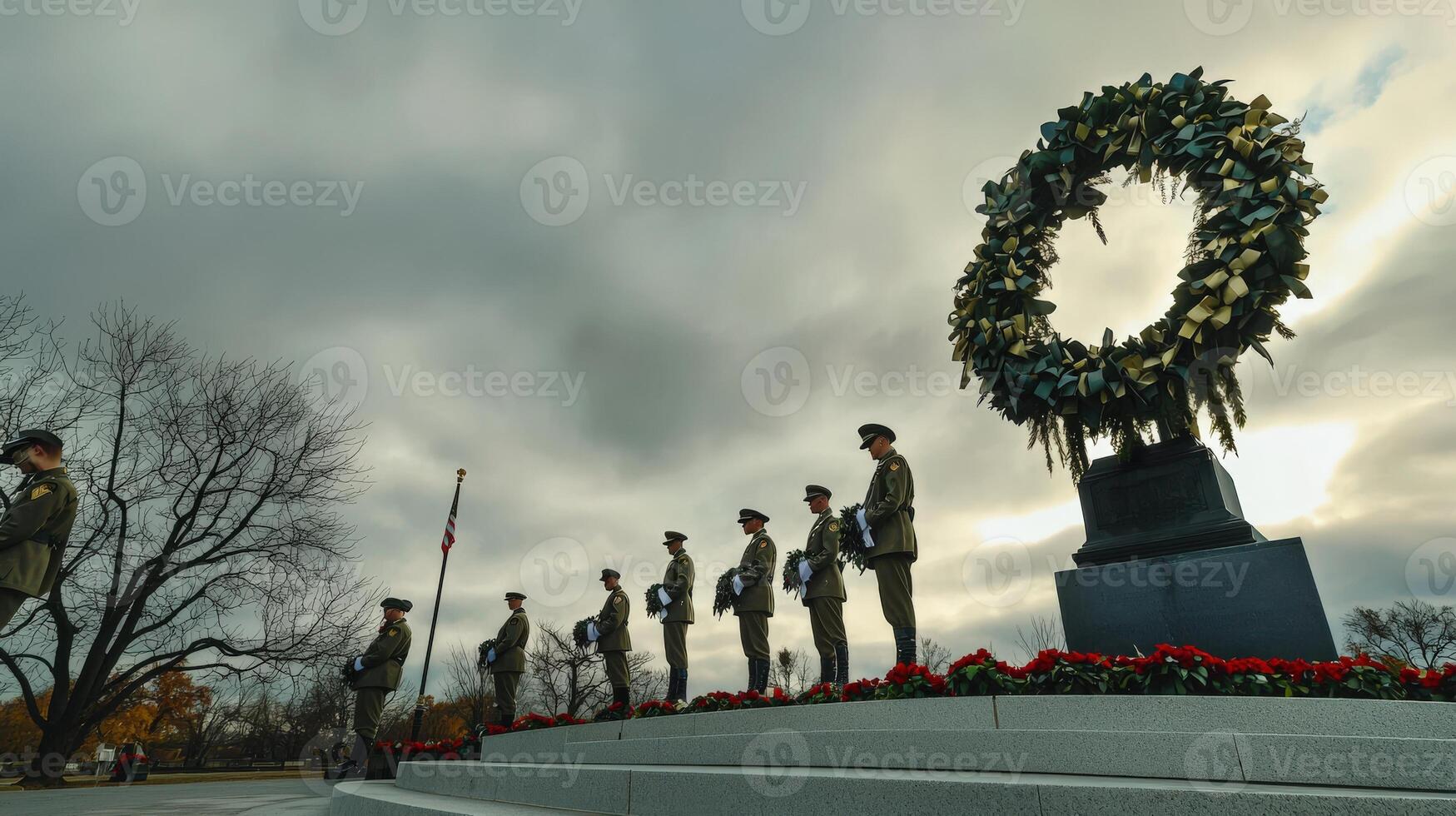 A group of soldiers stand in front of a wreath photo