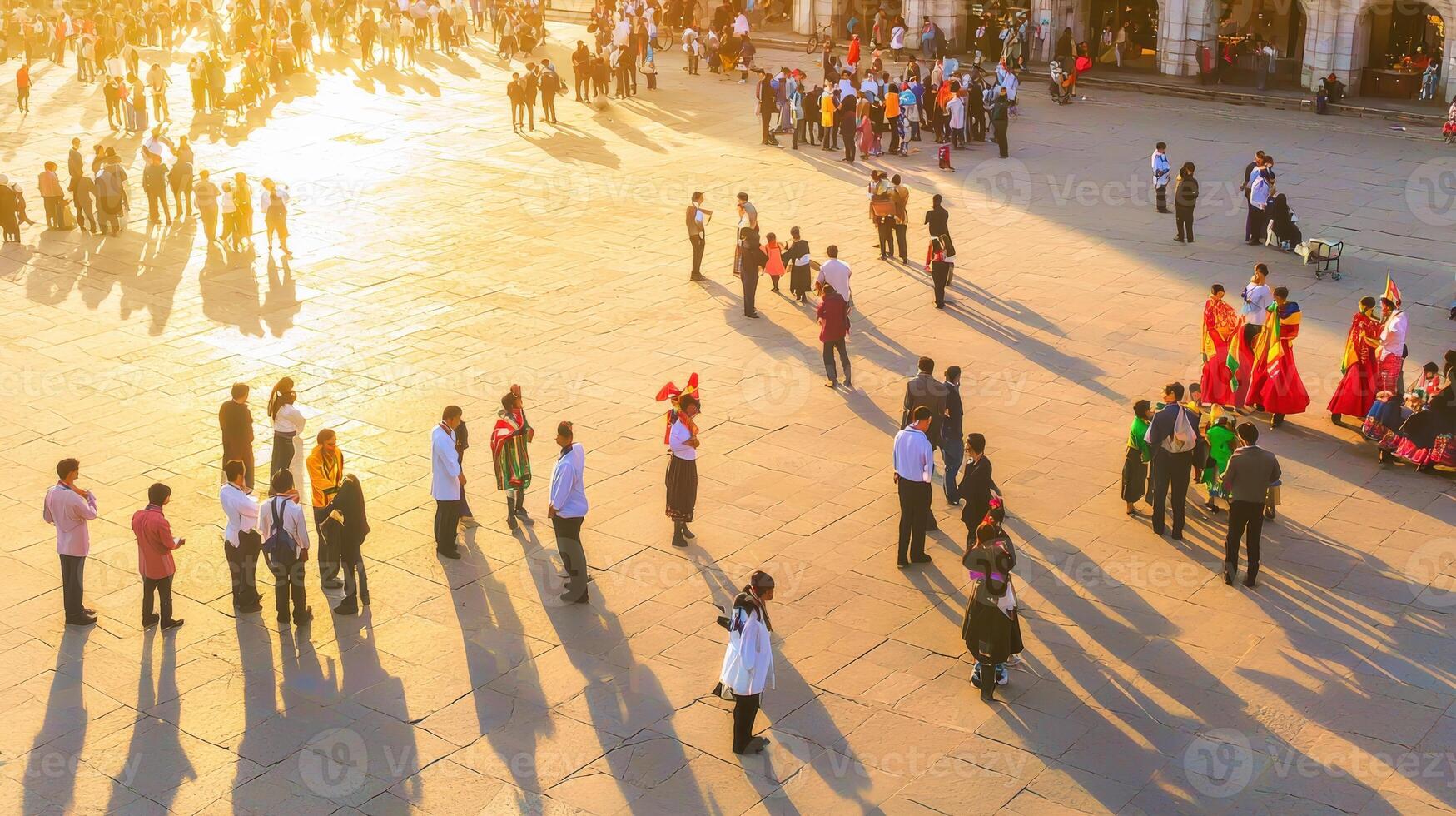 People walking in a square at sunset photo