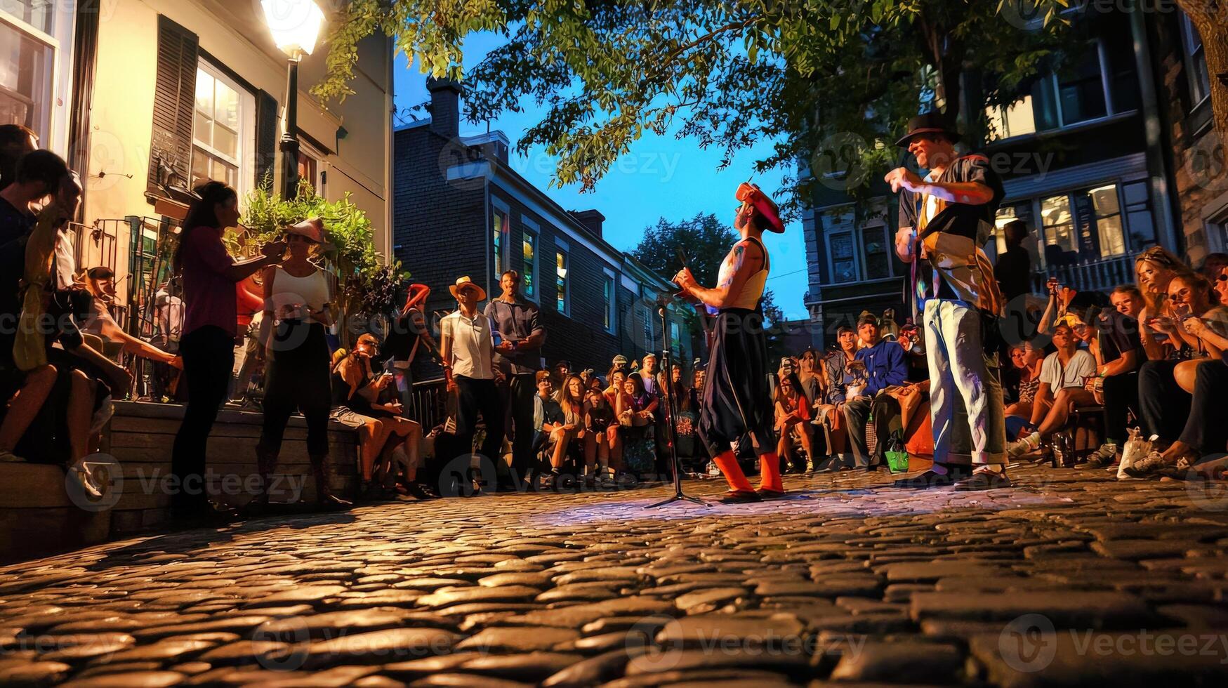 A group of people on a cobblestone street at night photo