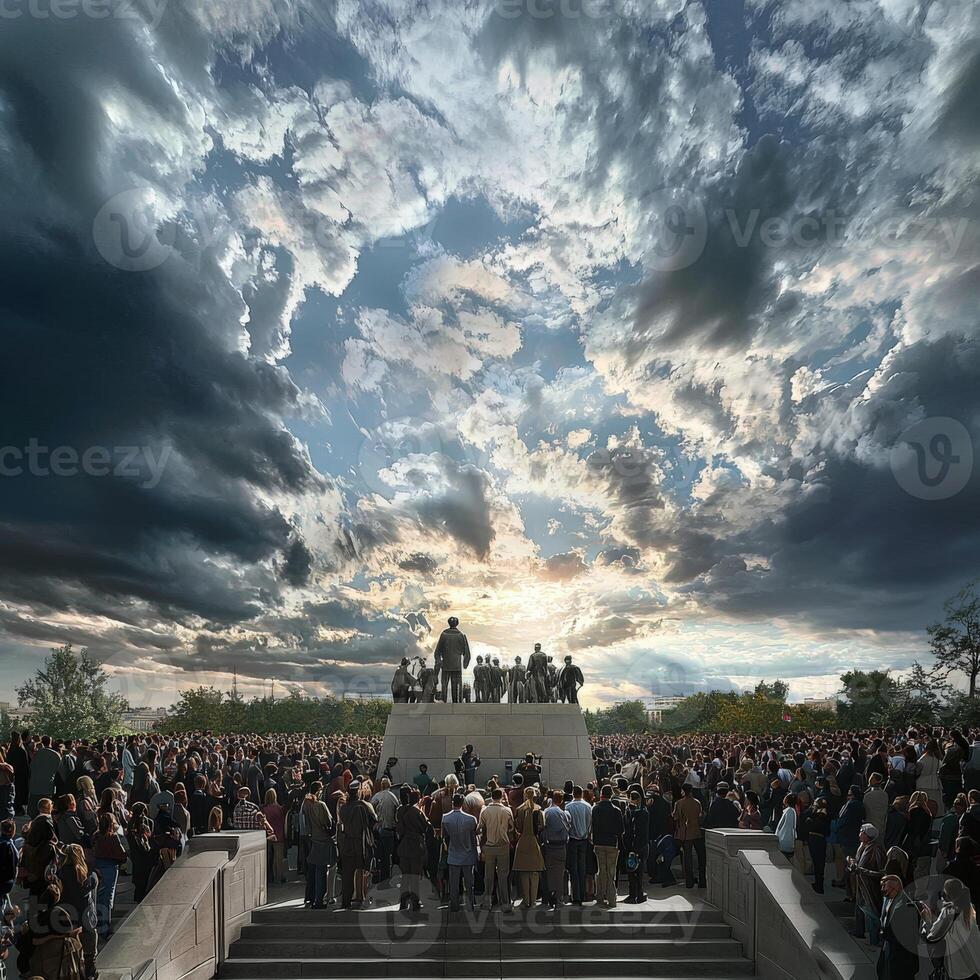 A crowd of people standing on the steps of a monument photo