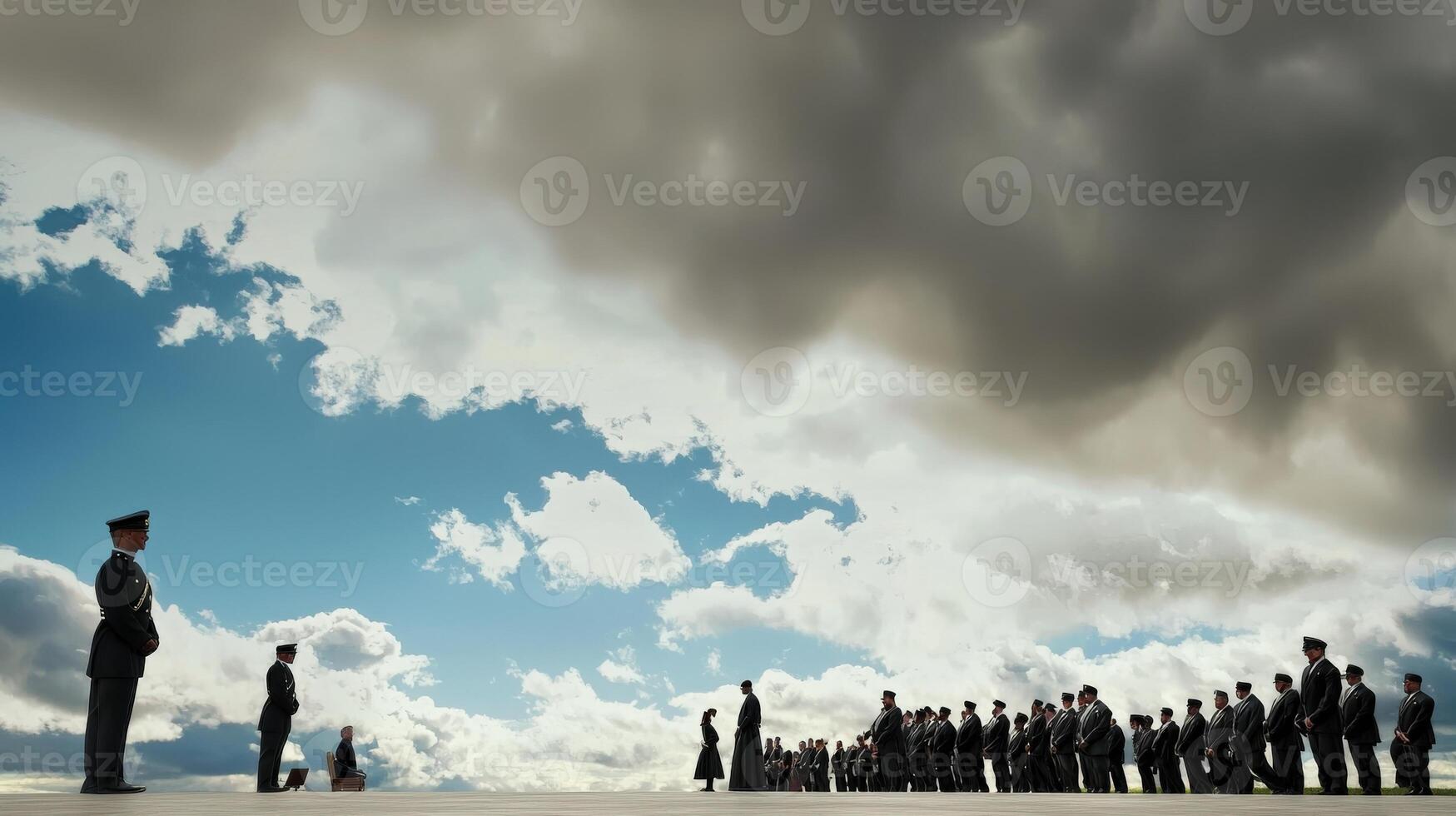 A group of people standing in front of a cloudy sky photo