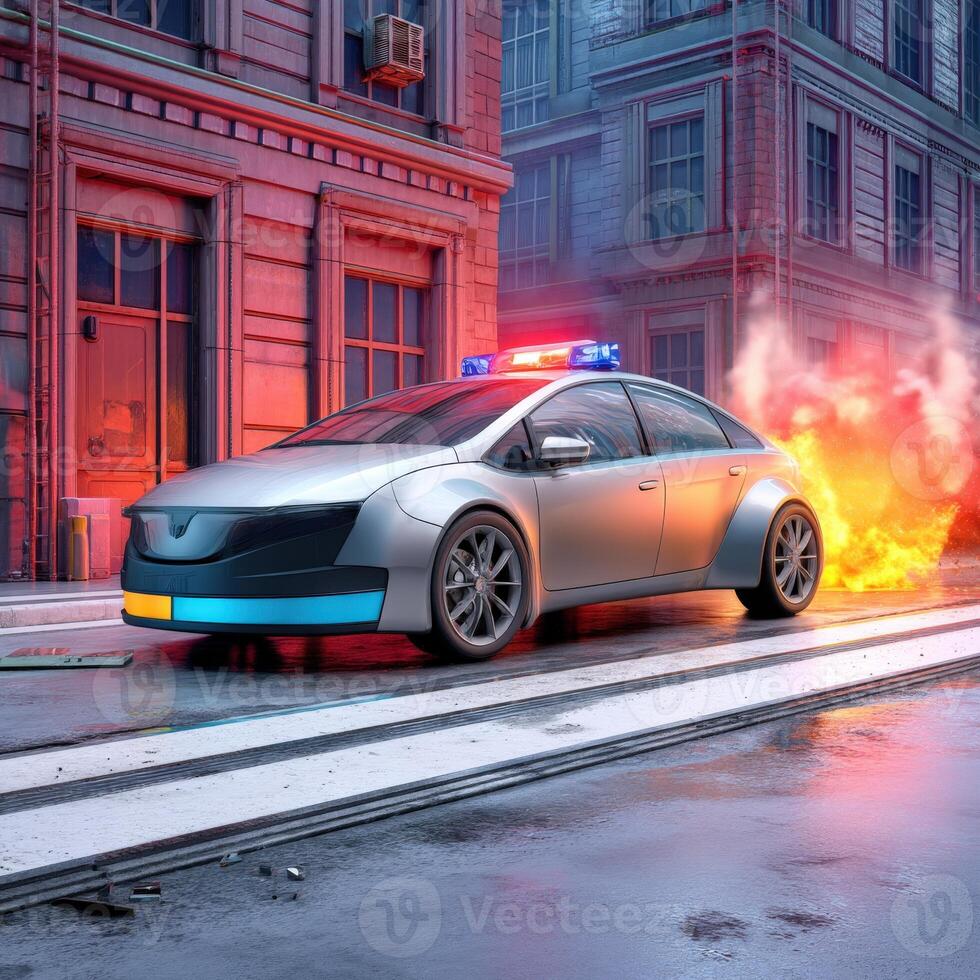 A police car with a fire coming out of it photo