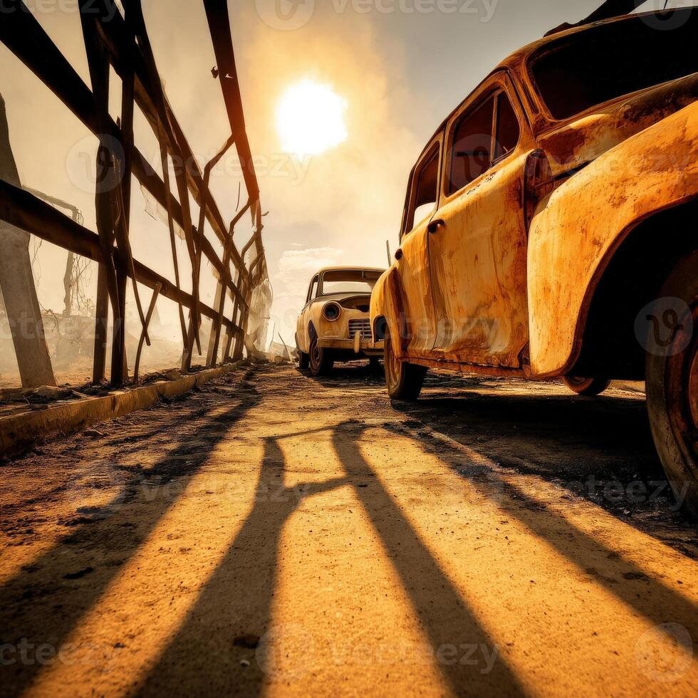 Old rusty cars on the road at sunset photo