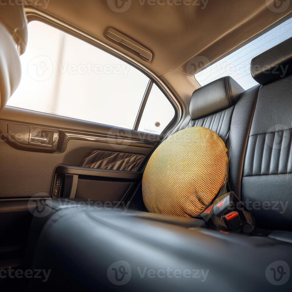 A yellow pillow sits on the back seat of a car photo