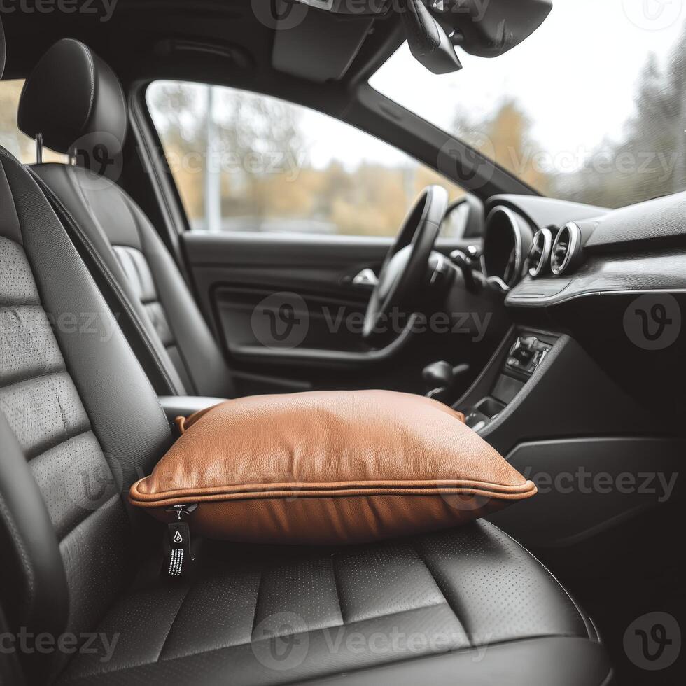 A leather cushion sits on the back seat of a car photo