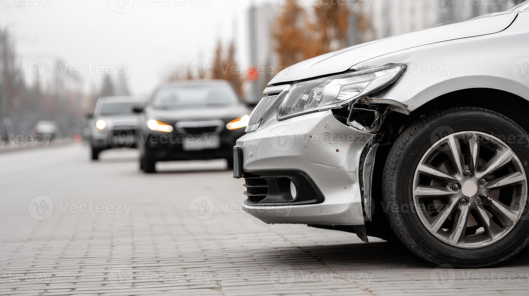 A car with a damaged front end is shown photo