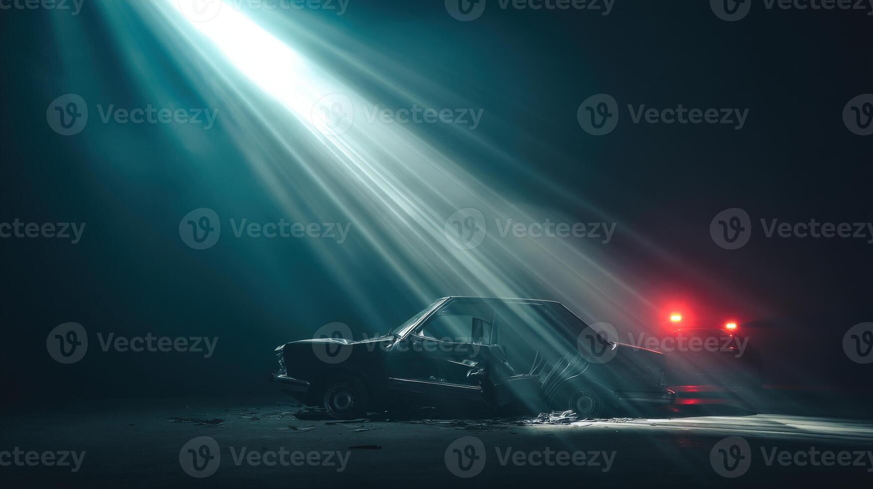 A car is sitting in the dark with a beam of light coming from the sky photo