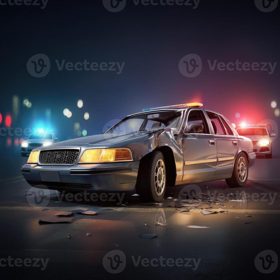 A police car is shown in the middle of the road at night photo