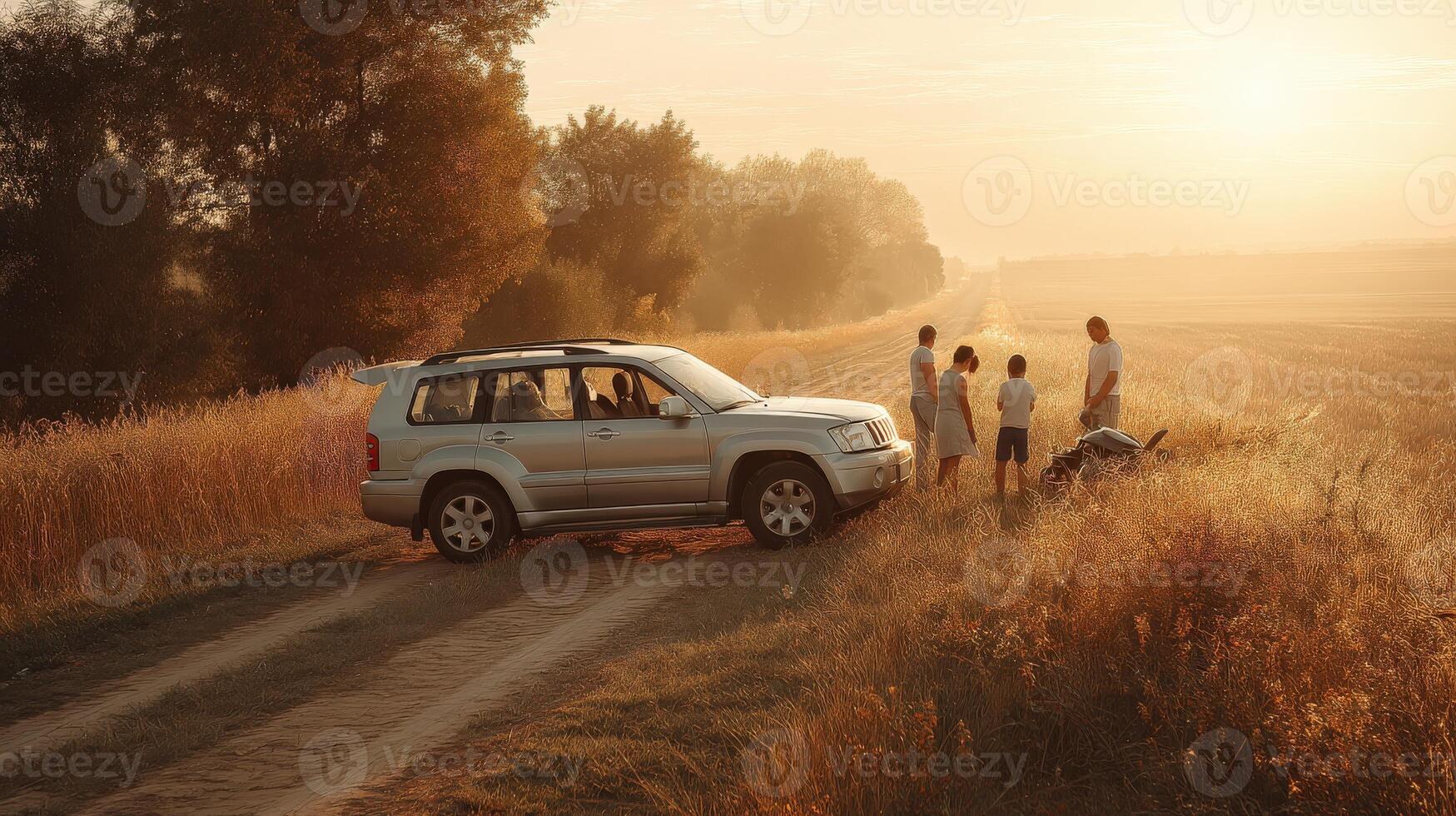 A family is standing next to a car on a dirt road photo