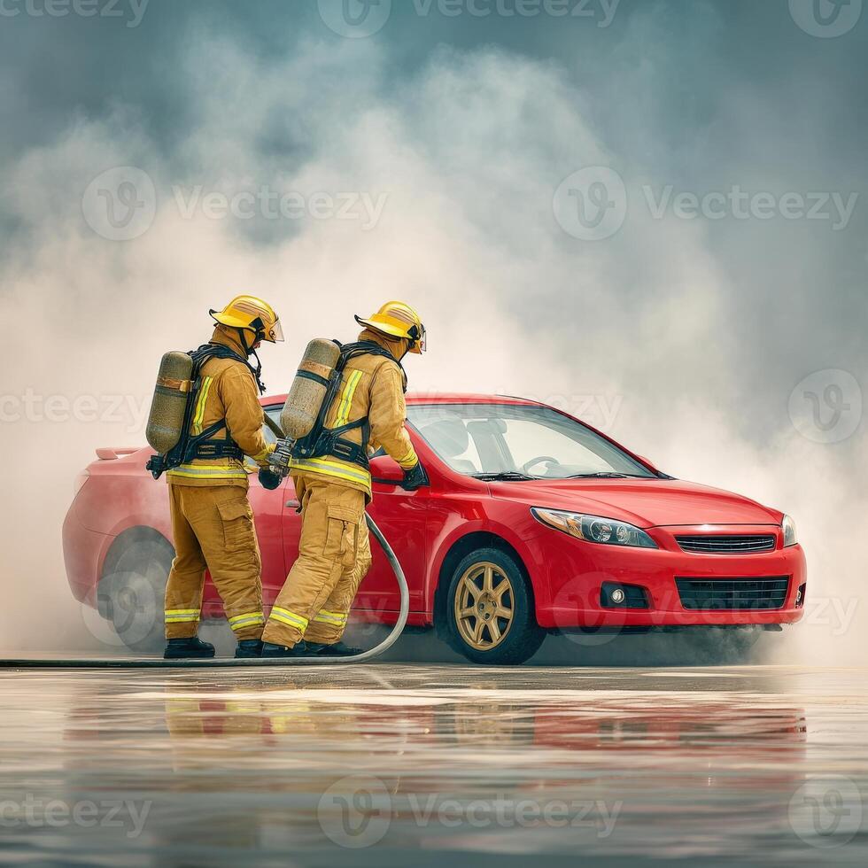 Firefighters extinguishing a car on a lake photo