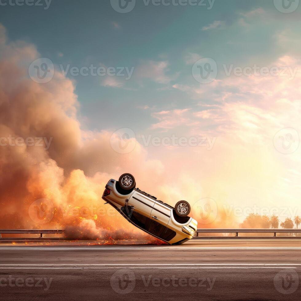 Car crash on the road with smoke and fire photo
