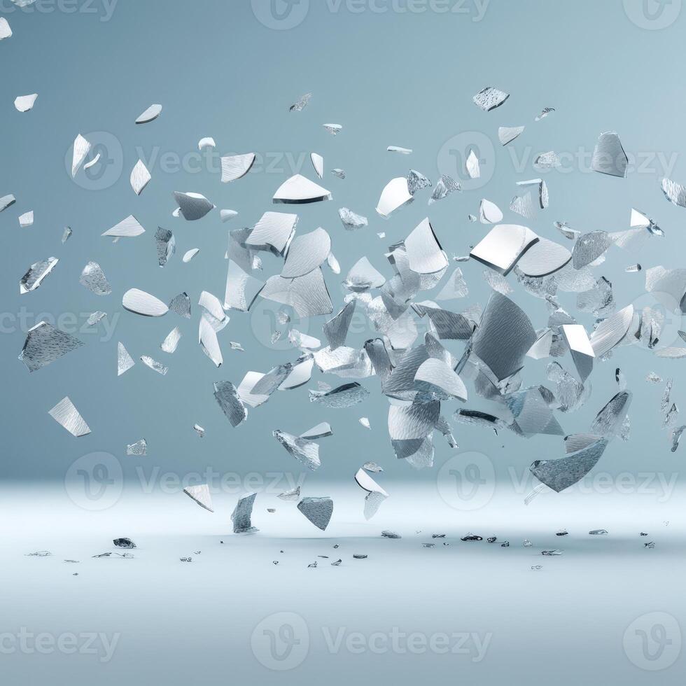 Broken glass falling on a blue background photo